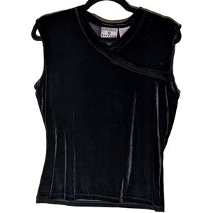 Stretchy Kathy Ireland Vintage Black Velvet Tank with Faux Wrap Neckline Detail